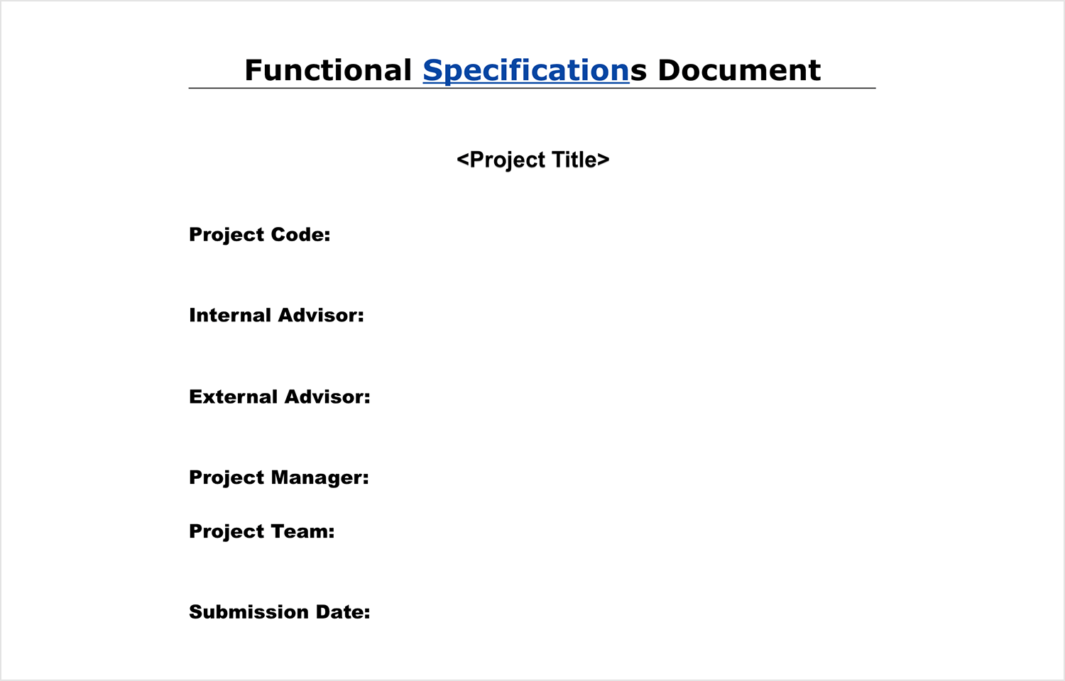 Functional specifications document cover page with fields for project details and team role