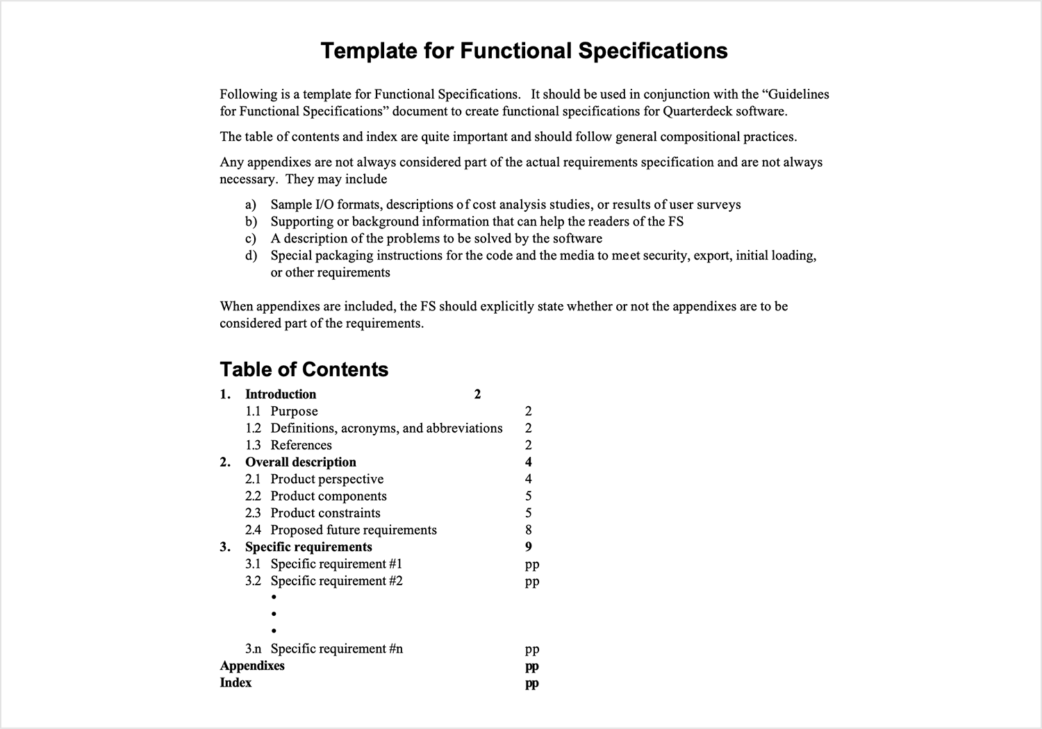 Template for functional specifications including table of contents with sections for introduction, overall description, and specific requirements