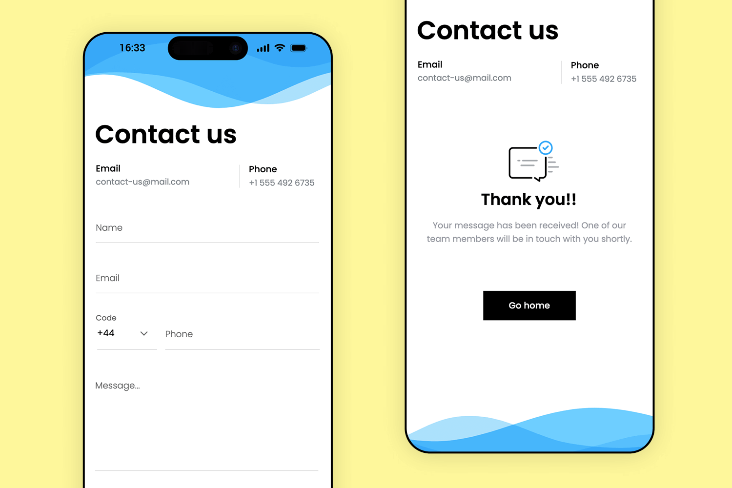 Friendly contact form app mockup with form and thank you screen