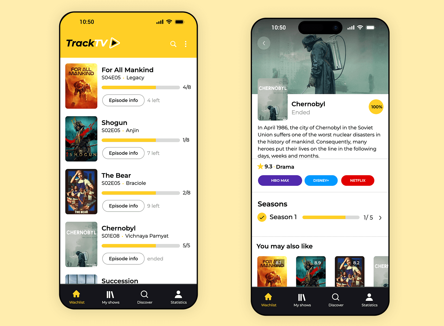 TV shows tracker app mockup with episode progress and show details