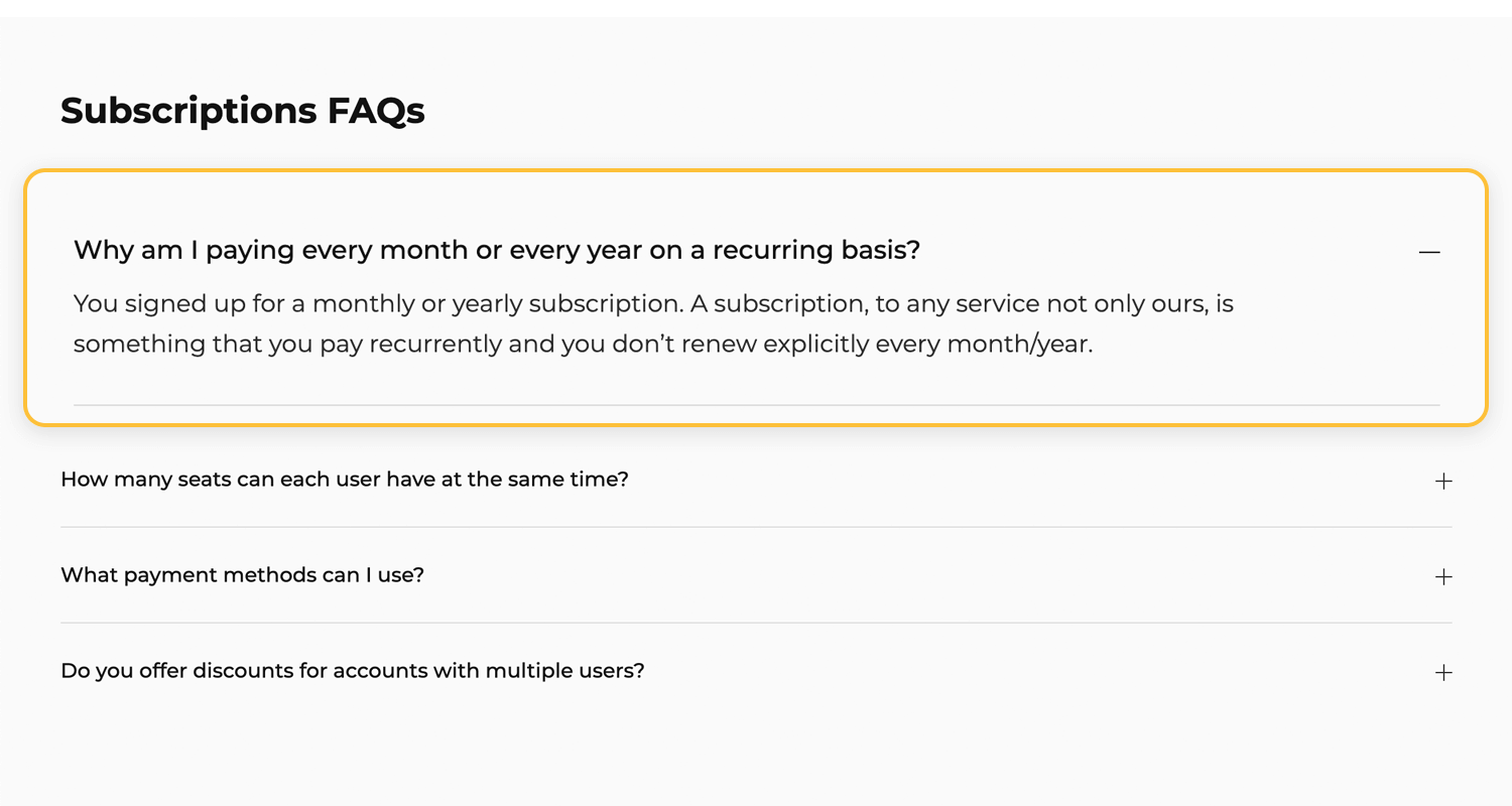Subscription FAQs page showing a question and answer about recurring monthly or yearly payments