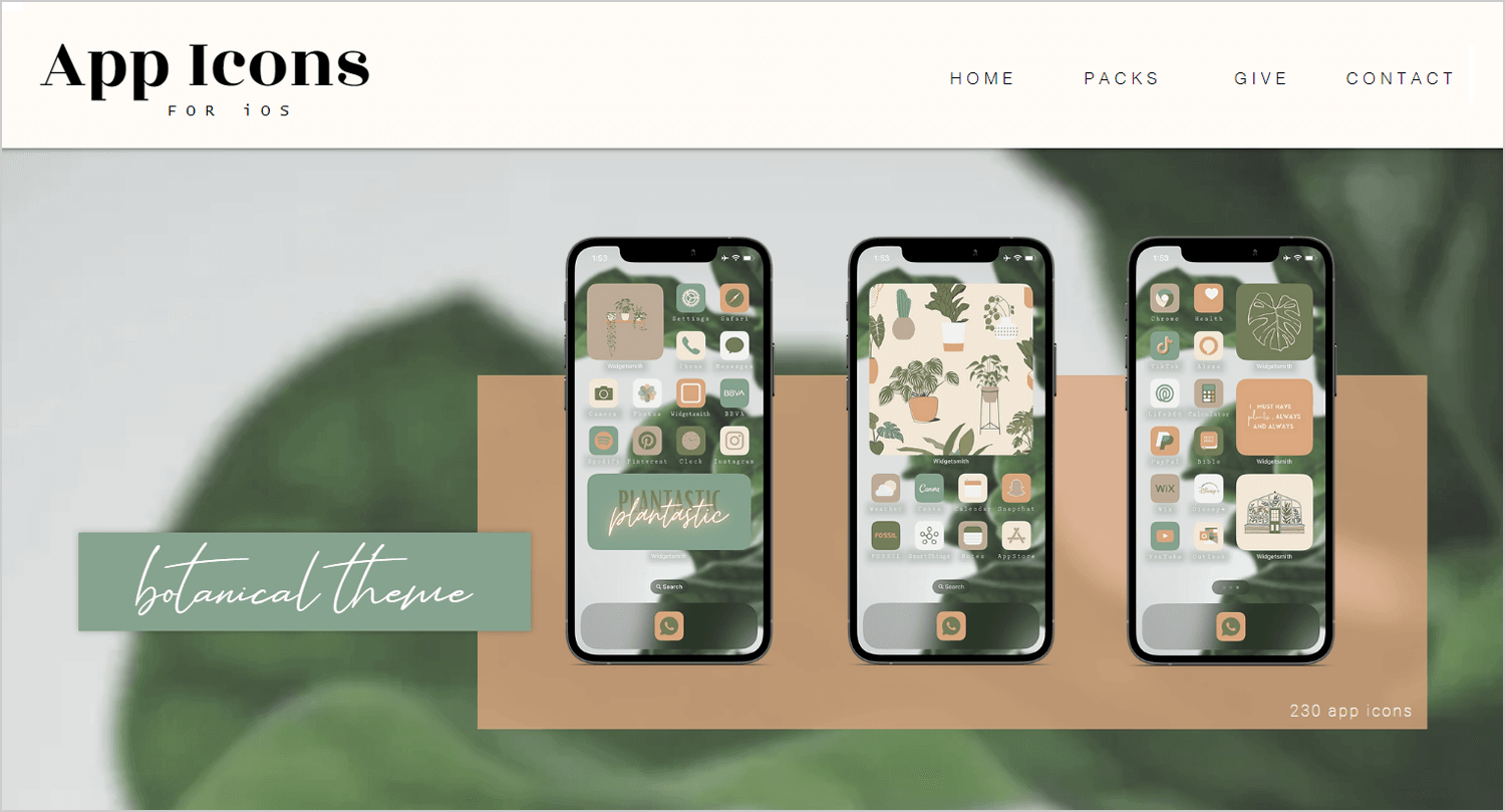 App Icons for iOS showcasing a botanical theme with 230 unique icons displayed on three smartphones