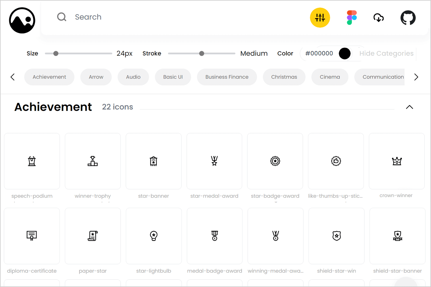 Atlas Icons interface showing search, size, stroke, and color options, with 22 achievement icons displayed