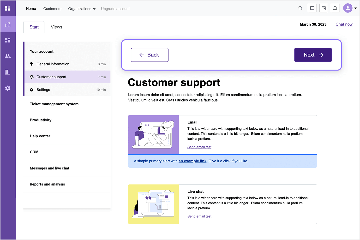 UI with back and next buttons on a customer support page, featuring sidebar navigation and content cards