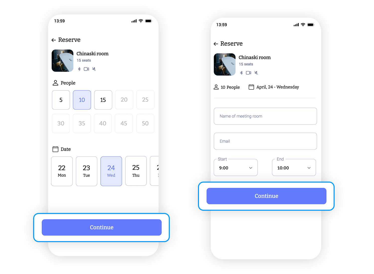 Mobile app screens showing the process of booking a meeting room with a 'Continue' button