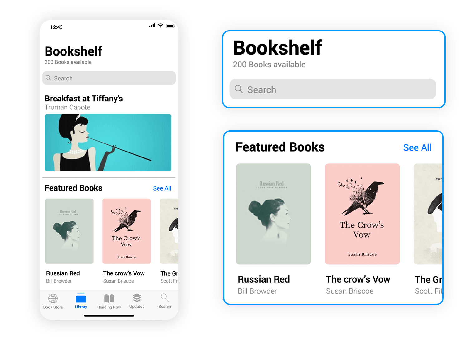 Mobile app screen showing a bookshelf with a search bar and featured book covers