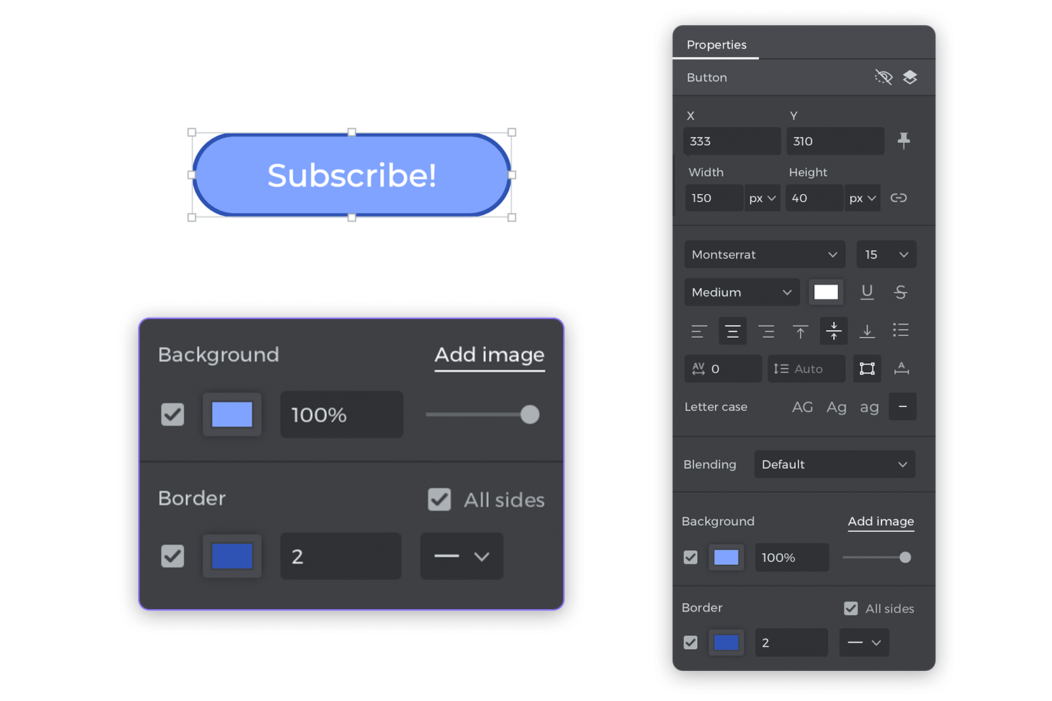 Button design with 'Subscribe' text showing customization options in the properties panel.