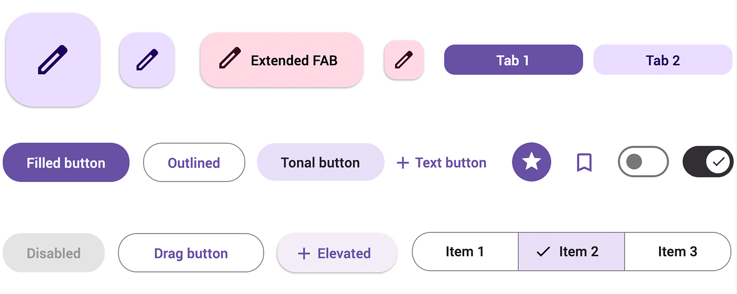 Various button styles and states, including filled, outlined, tonal, and FAB with examples of different button interactions.