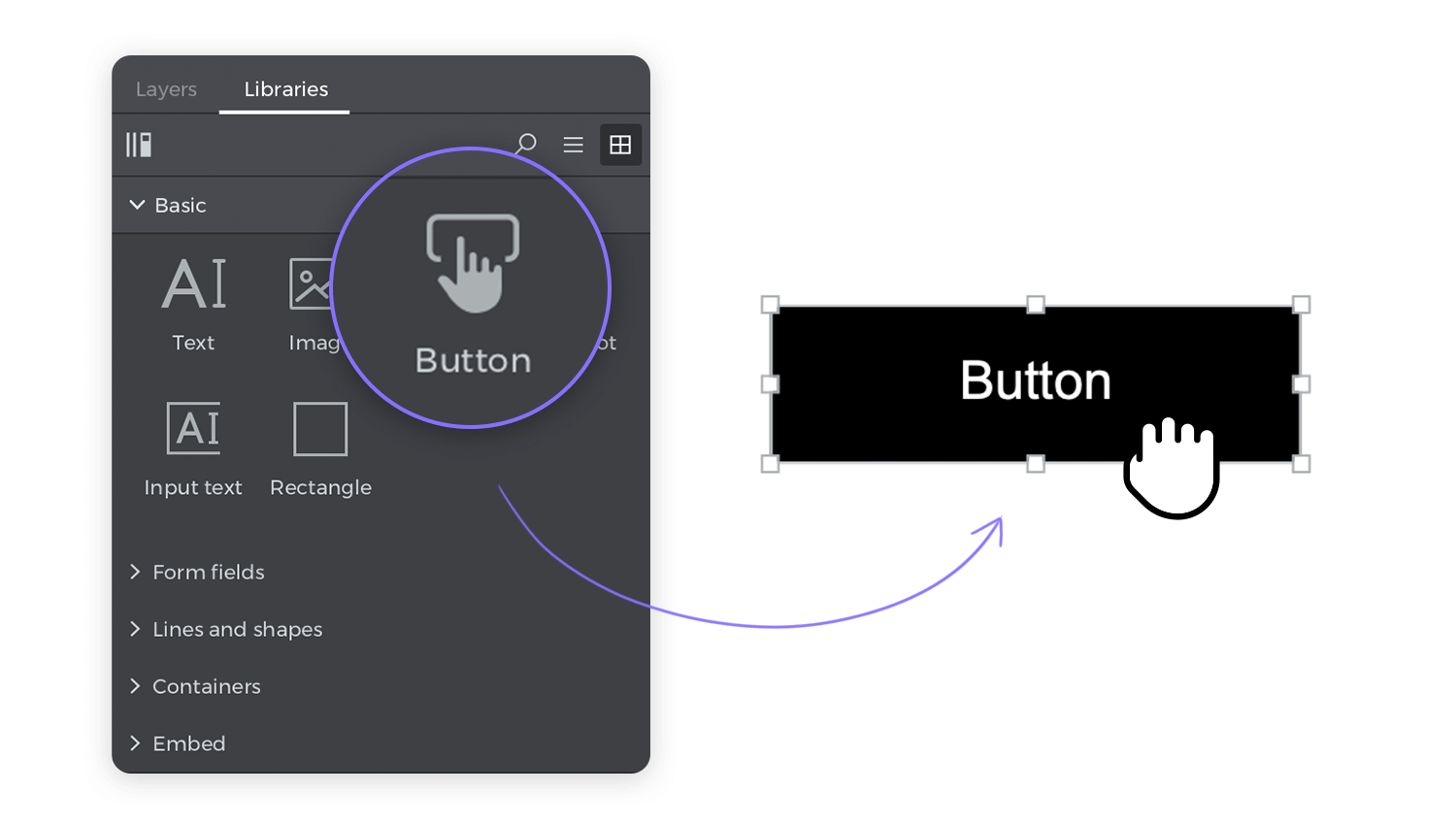 Drag the button widget from the palette and place it onto the canvas