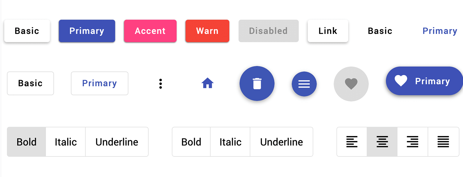 Angular Material button styles, including basic, primary, accent, and icon buttons, showcasing different text styles like bold, italic, and underline