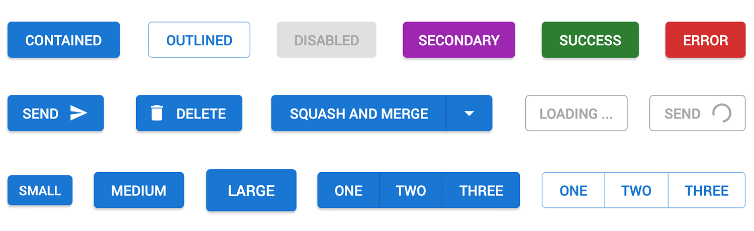 Material UI kit with various button styles like contained, outlined, and disabled, plus action buttons and size options