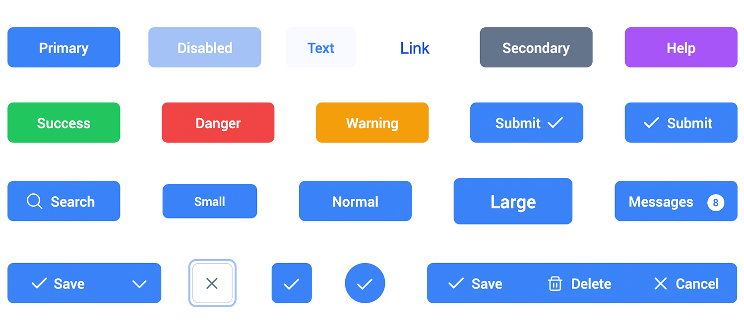 Simple UI buttons in different colors and sizes, showing options like primary, disabled, success, warning, save, and delete with icons