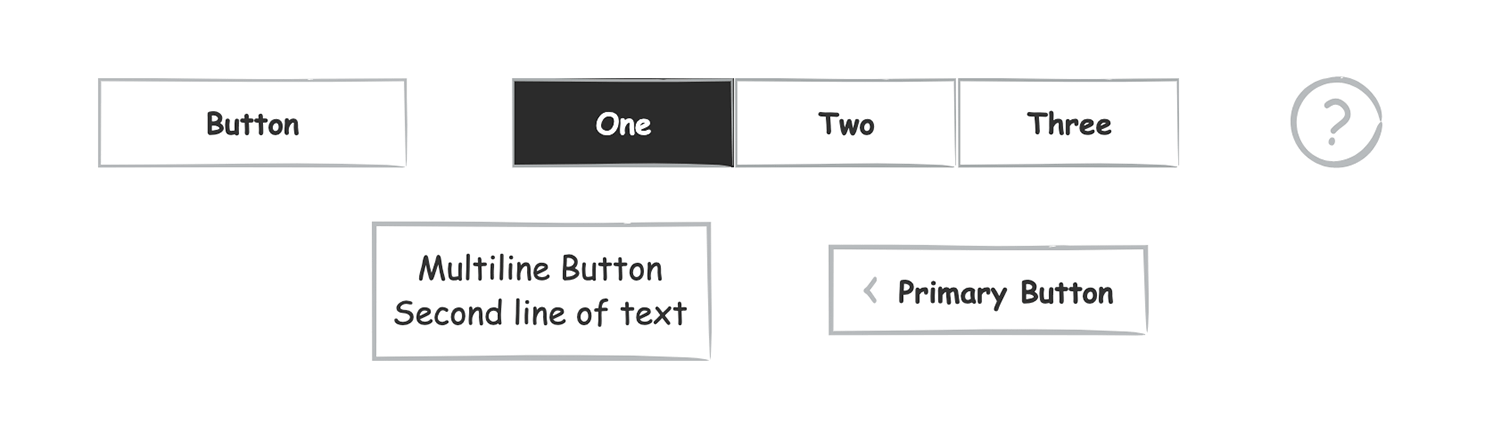 Hand-drawn-style UI button designs with options like single, multiline, tabs, and primary buttons. Simple and sketch-like look for easy wireframing