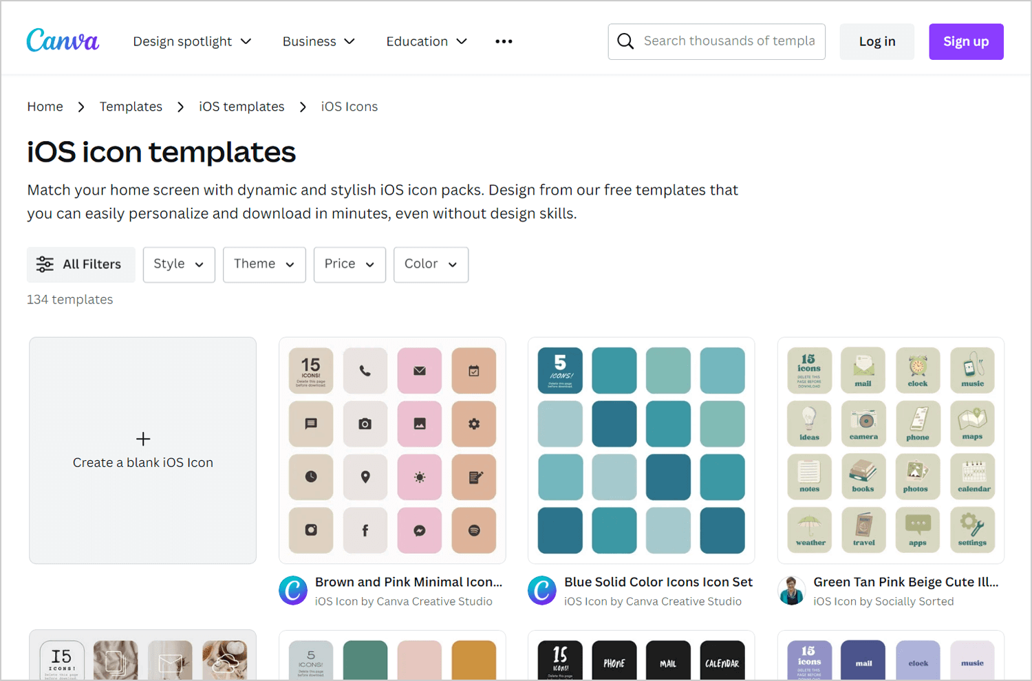 Canva interface displaying a selection of iOS icon templates with options to filter by style, theme, price, and color