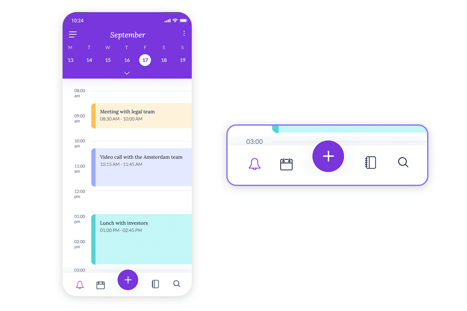 Calendar app with a centered action button and additional icons for quick access