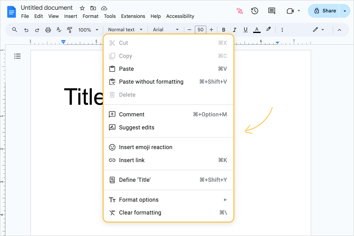 Google Docs interface with a contextual menu showing options like cut, copy, paste, and comment