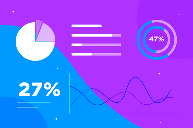 Colorful data visualization showing pie chart, bar chart, and line graph