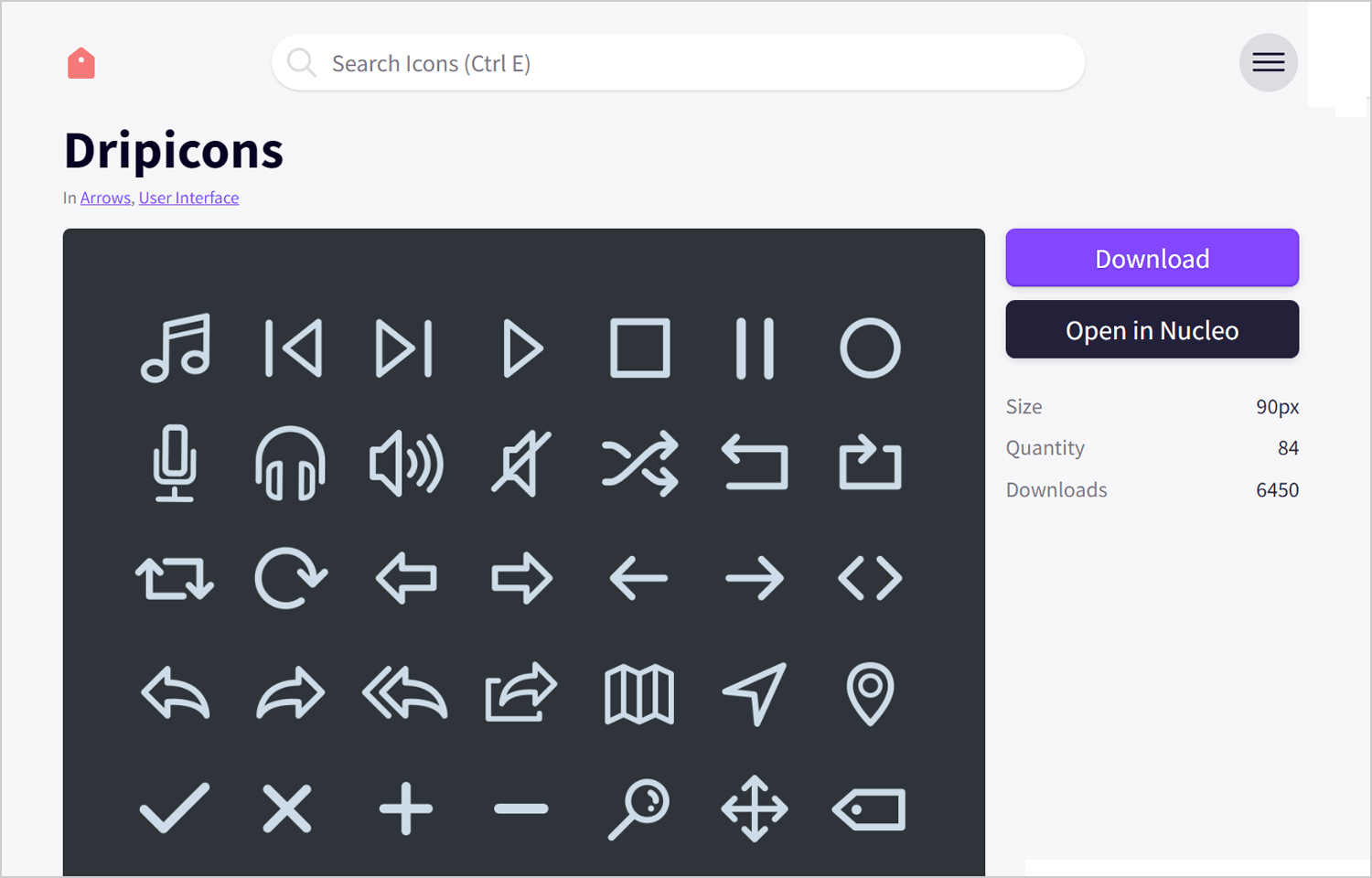 Dripicons page showing a set of 84 icons related to media and navigation