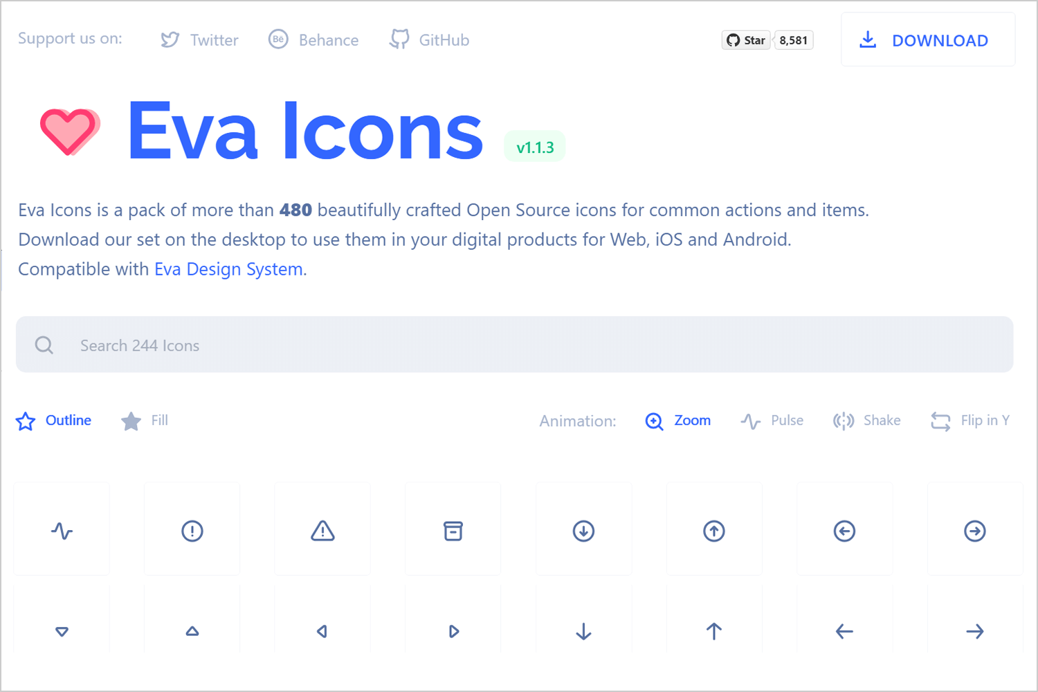 Eva Icons interface with options to search, animate, and style over 480 free icons