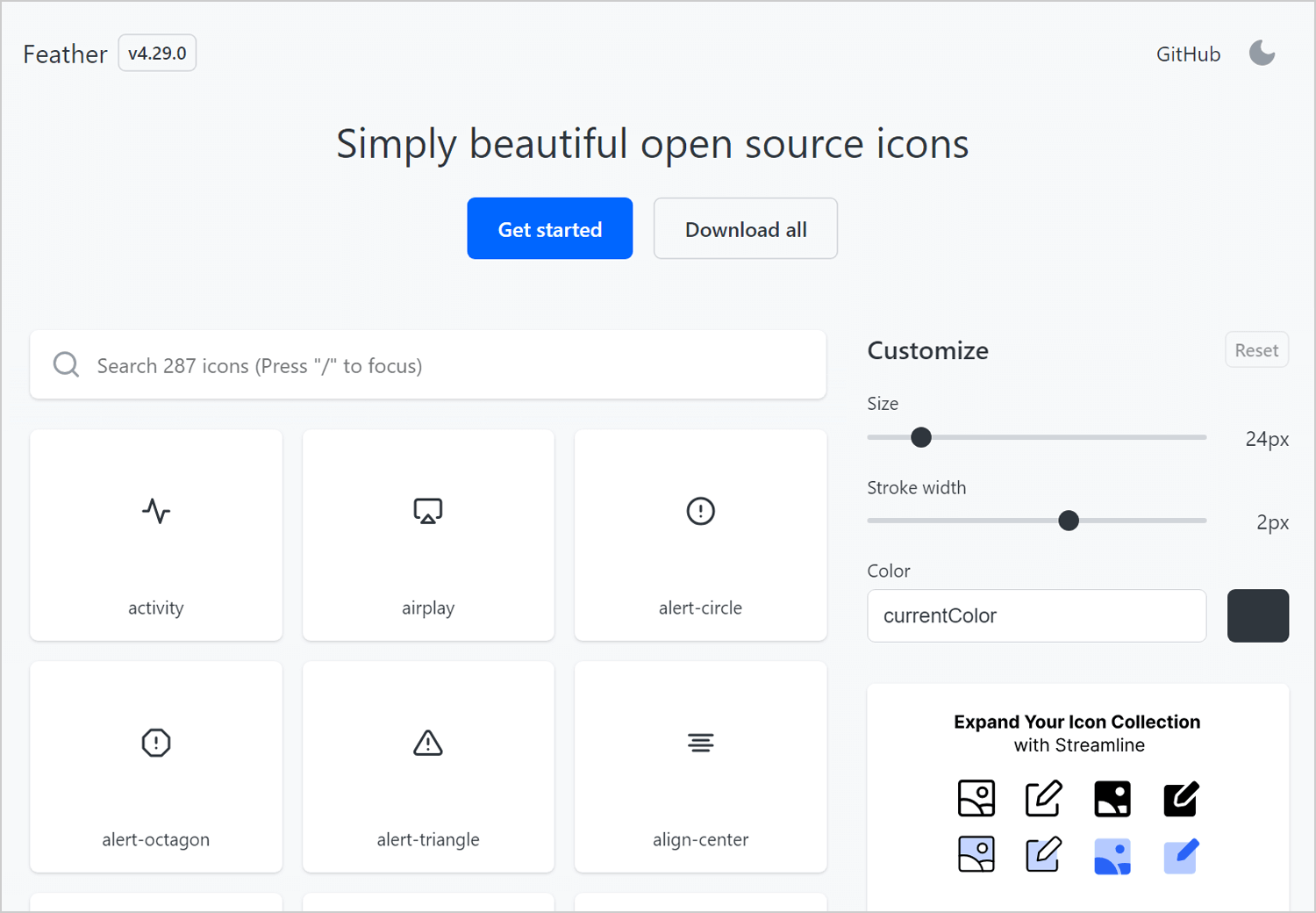 Feather Icons interface with search and customization options