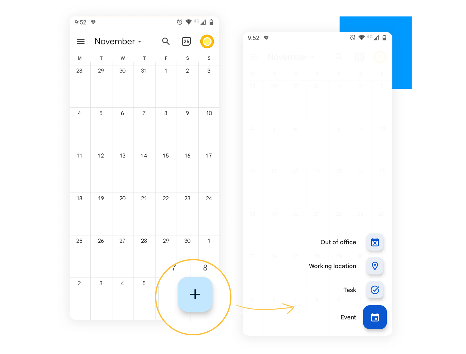 A calendar app interface showing a monthly view and a floating action button for adding out-of-office, working location, tasks, or events