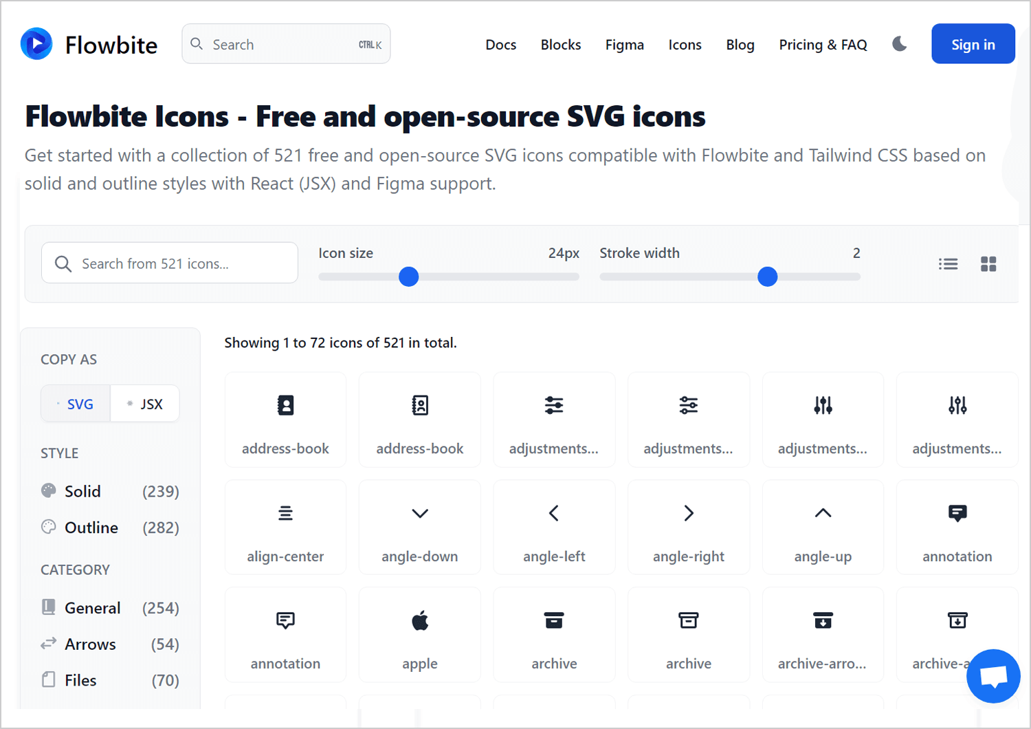 Flowbite Icons customization interface, showing icon size and stroke width controls, with a selection of free SVG icons