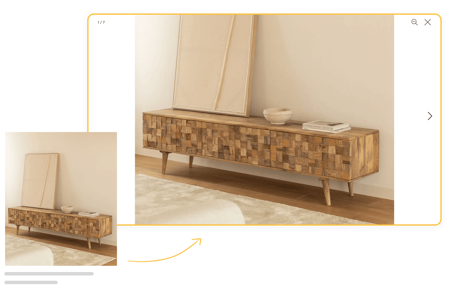 A wooden sideboard with a textured pattern, displayed in a minimalist room setting