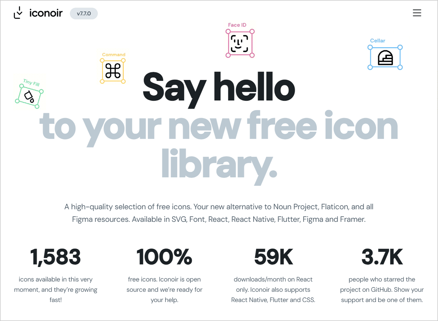 Iconoir Icons page showcasing a free library with over 1,583 open-source icons in formats like SVG and Font