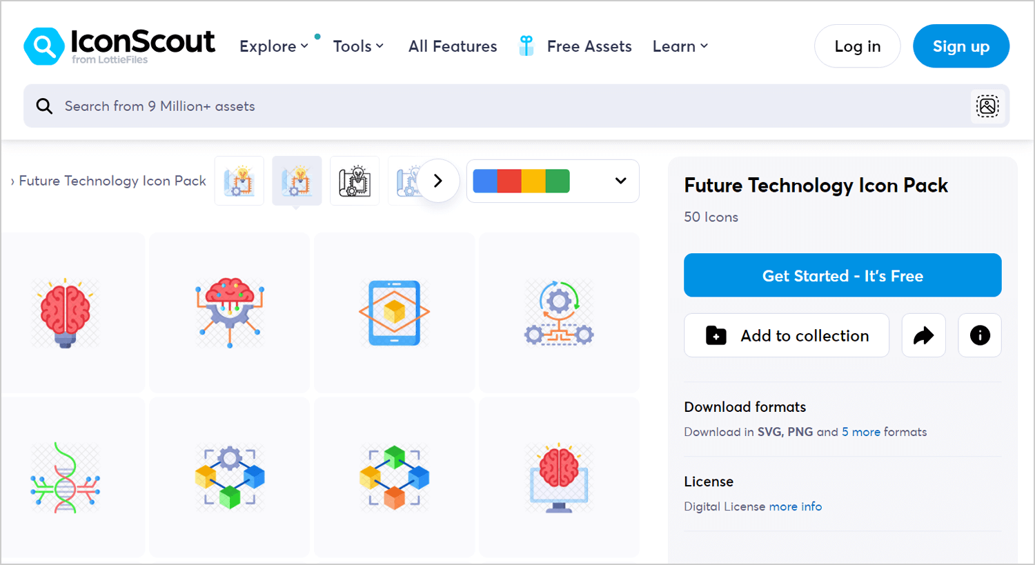 IconScout showing the Future Technology Icon Pack with 50 free icons, available in SVG, PNG, and more formats