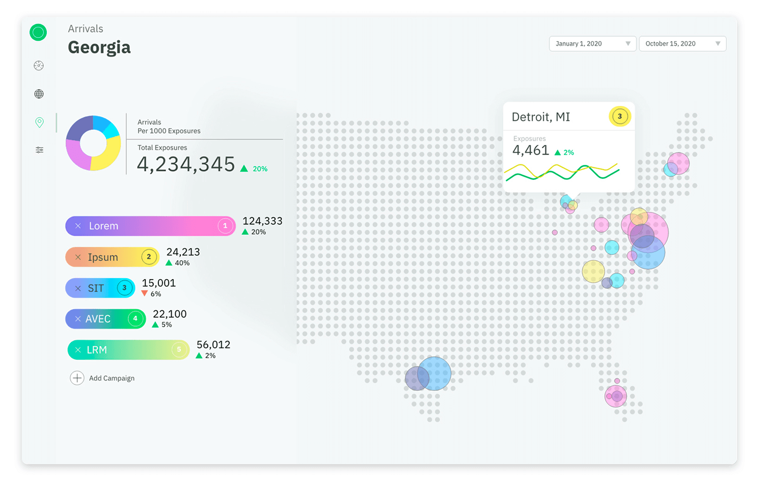 Interactive map data visualization of arrivals in Georgia