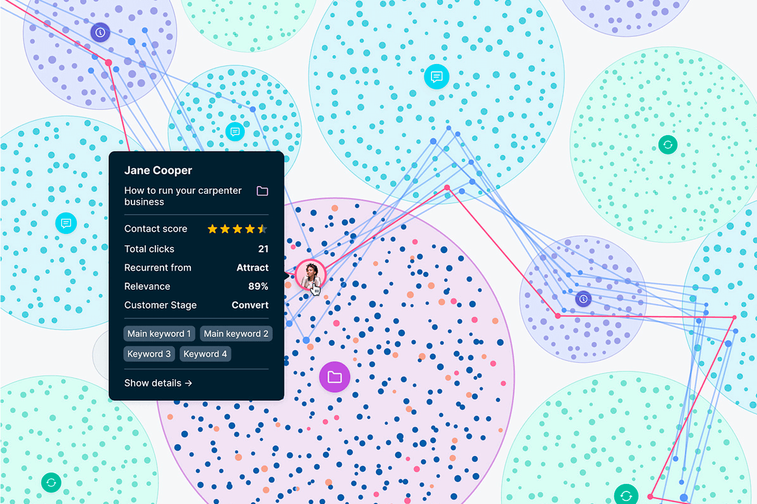 Interactive network graph with user details and connections.