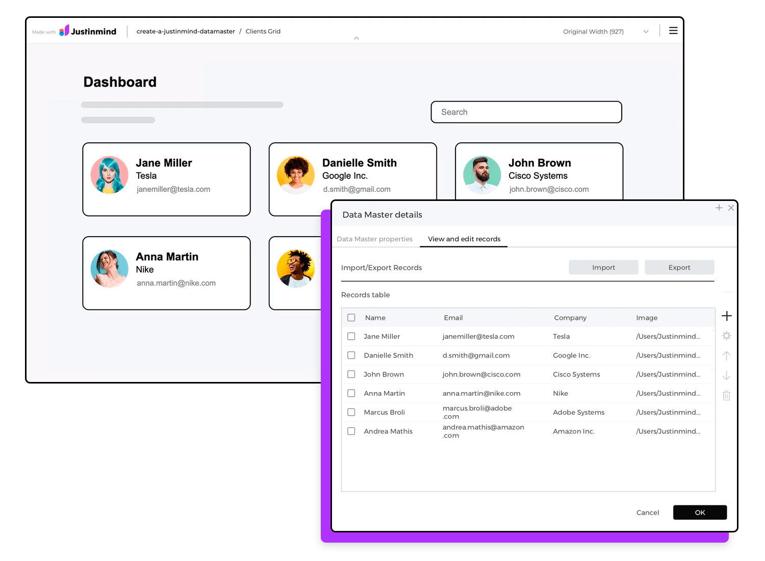 Justinmind dashboard example with user info and data management