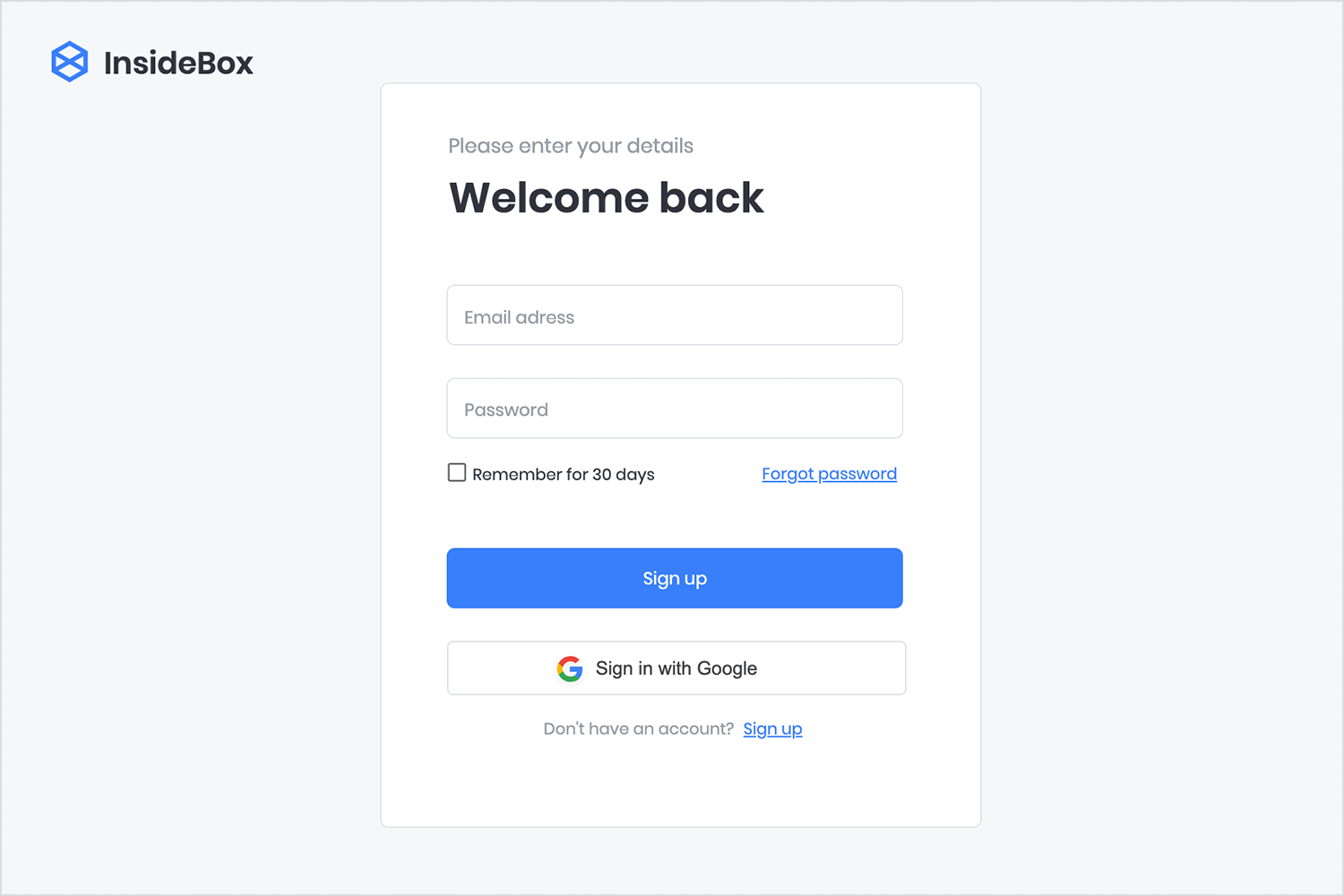 InsideBox login page with email and password fields, blue sign-up button, and Google login option