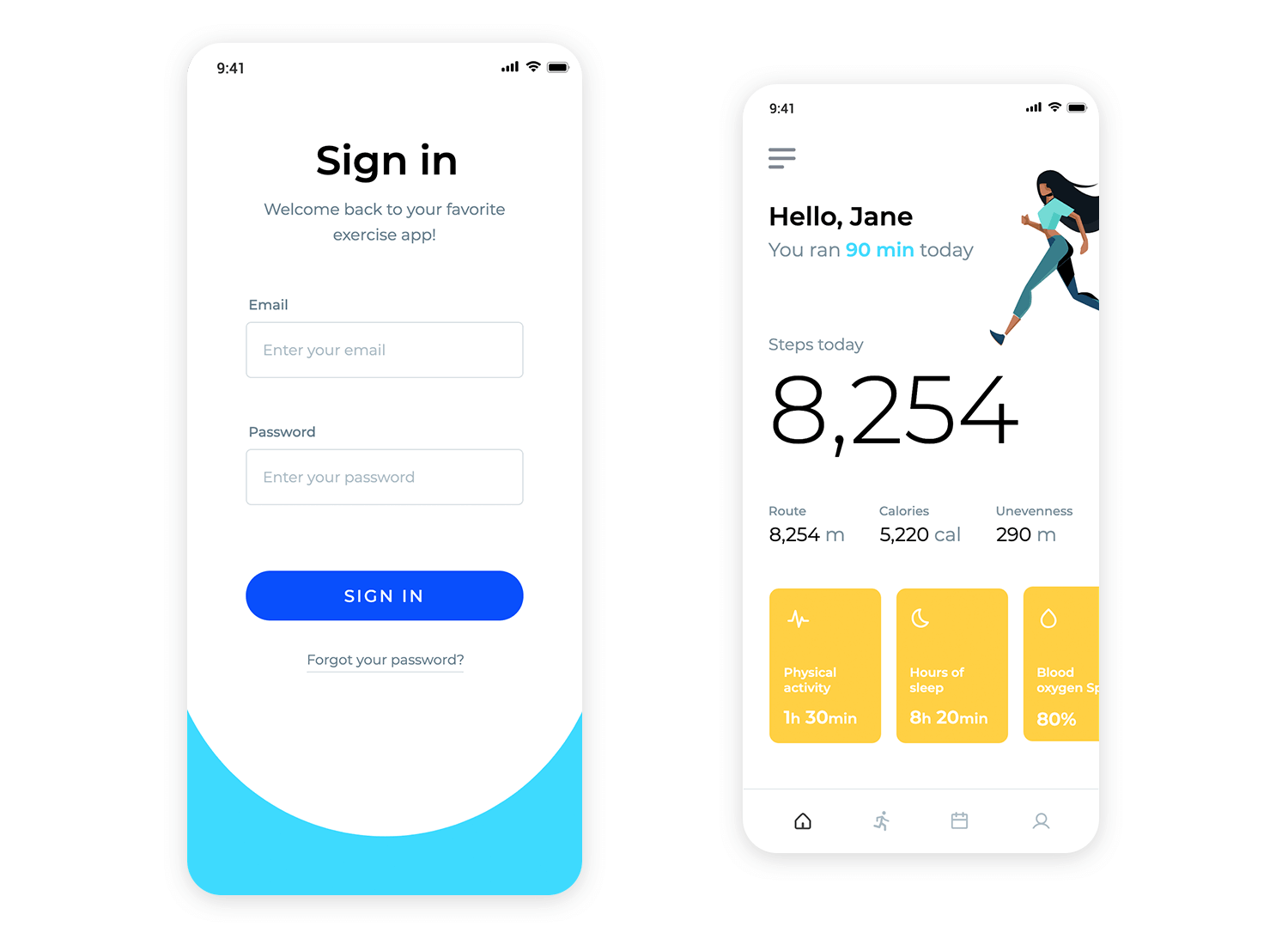 Fitness app login page and dashboard showing daily steps, calories, and physical activity summary