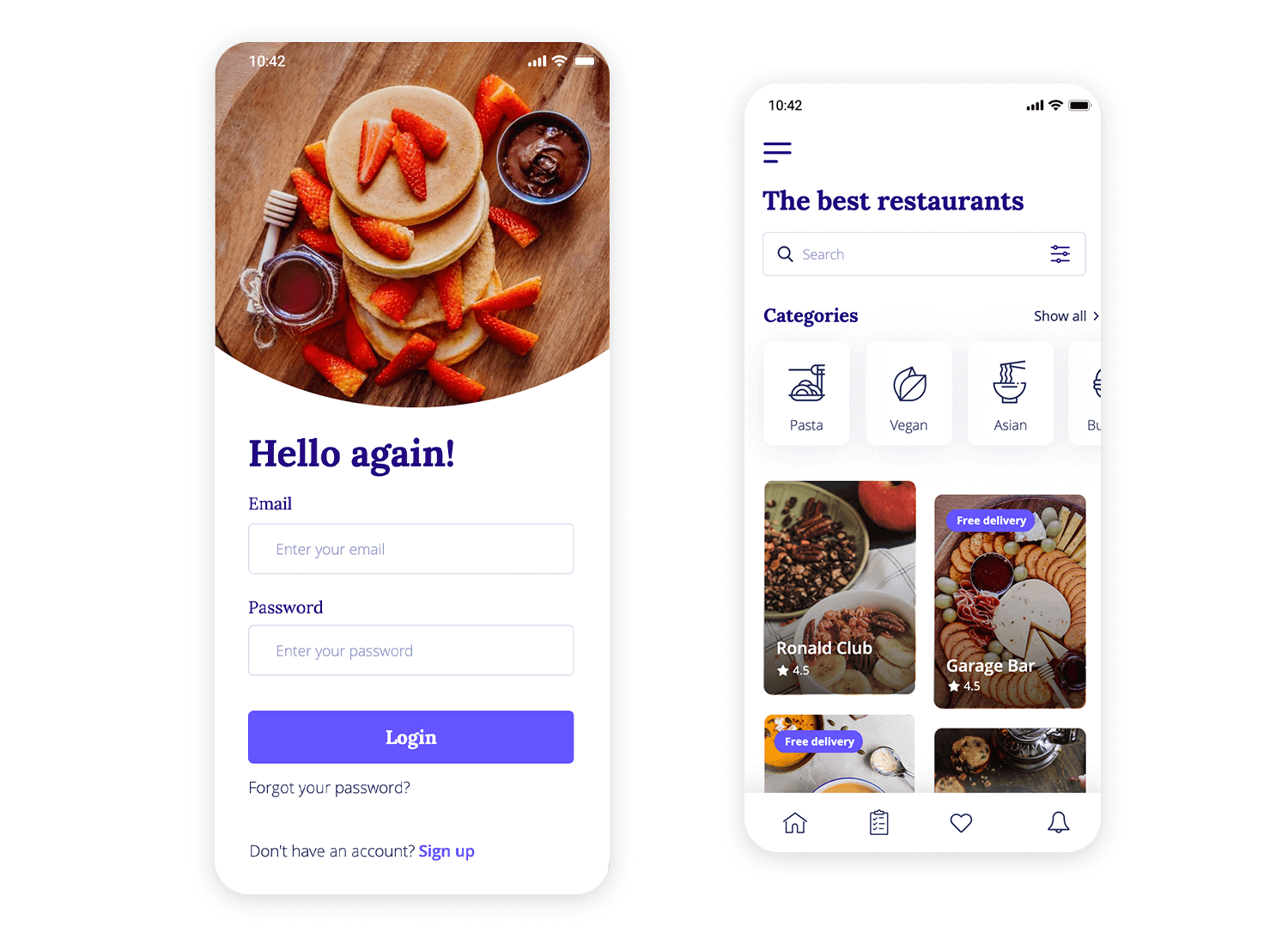 Food delivery app login page and homepage showing restaurant categories and featured restaurants.