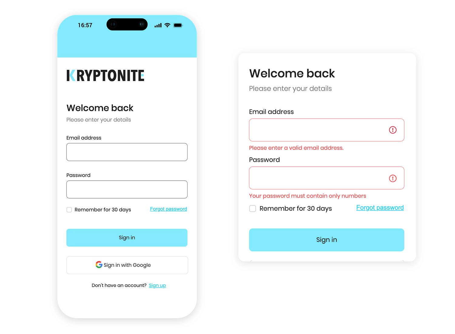 Kryptonite login page on mobile, showing email and password fields with error messages for invalid inputs