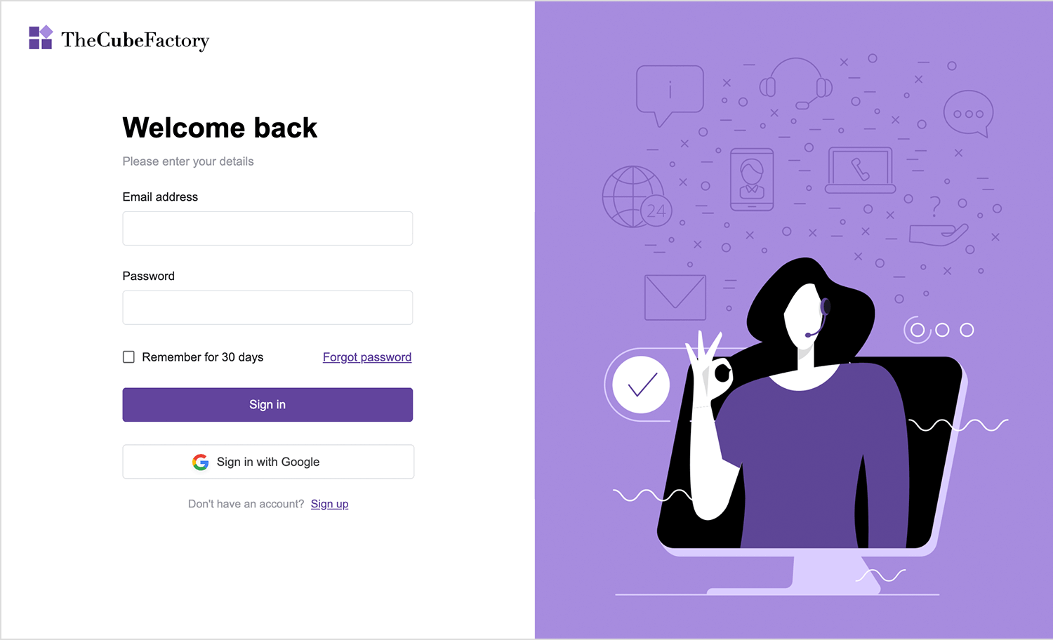 CubeFactory login page with email and password fields