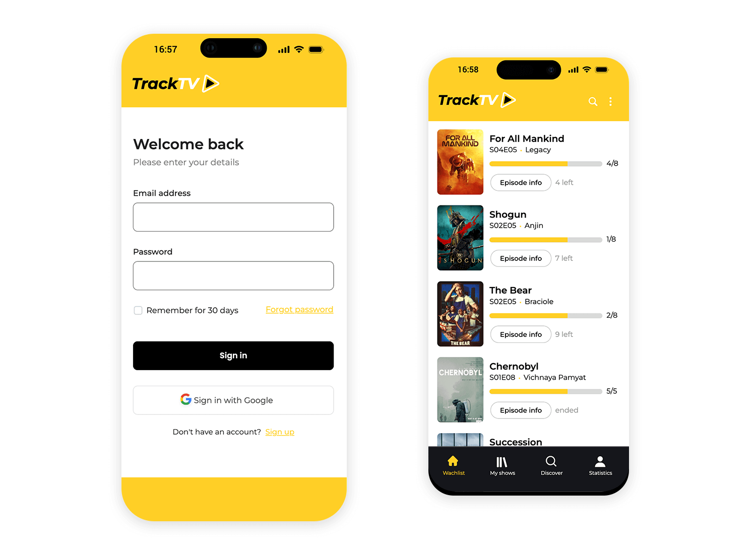 TrackTV login page and app interface showing a watchlist of TV shows with progress bars