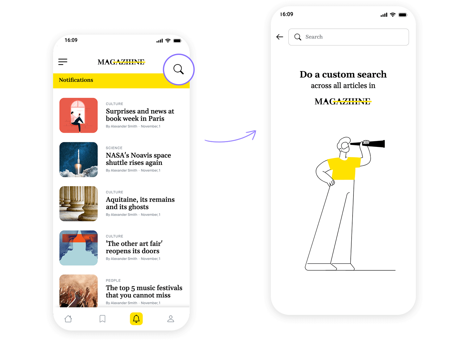 Magazine app navigation showing notifications and custom search feature for exploring articles