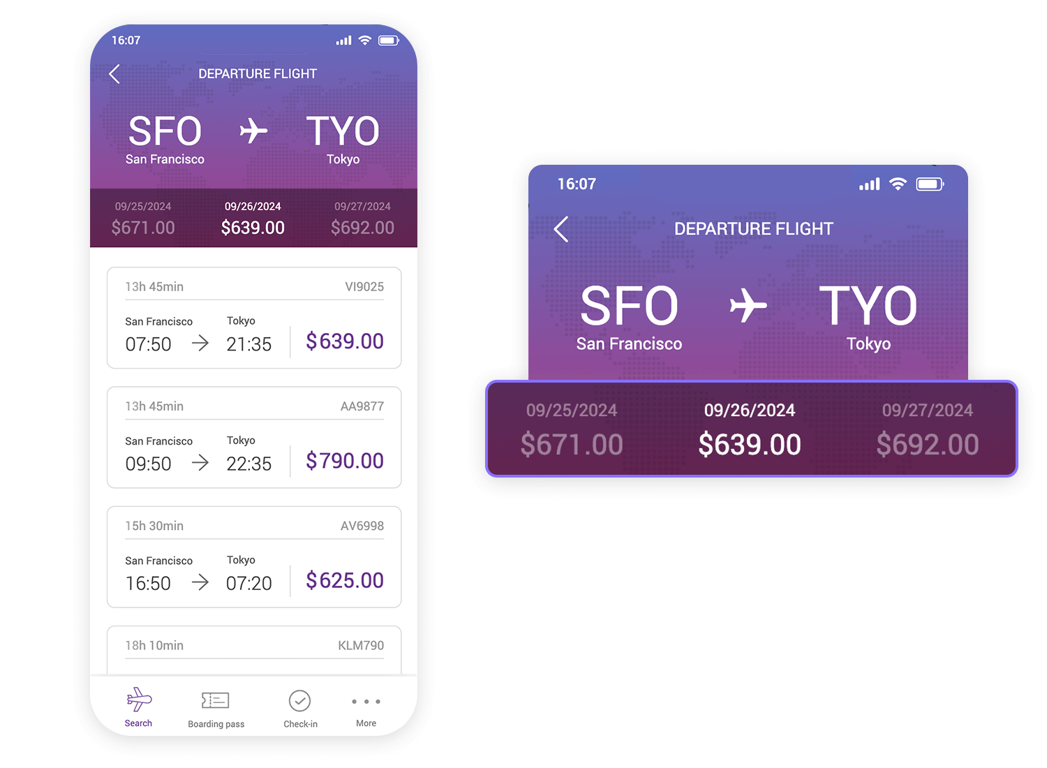 Flight booking app navigation showing departure flight options from San Francisco to Tokyo with dates, times, and prices