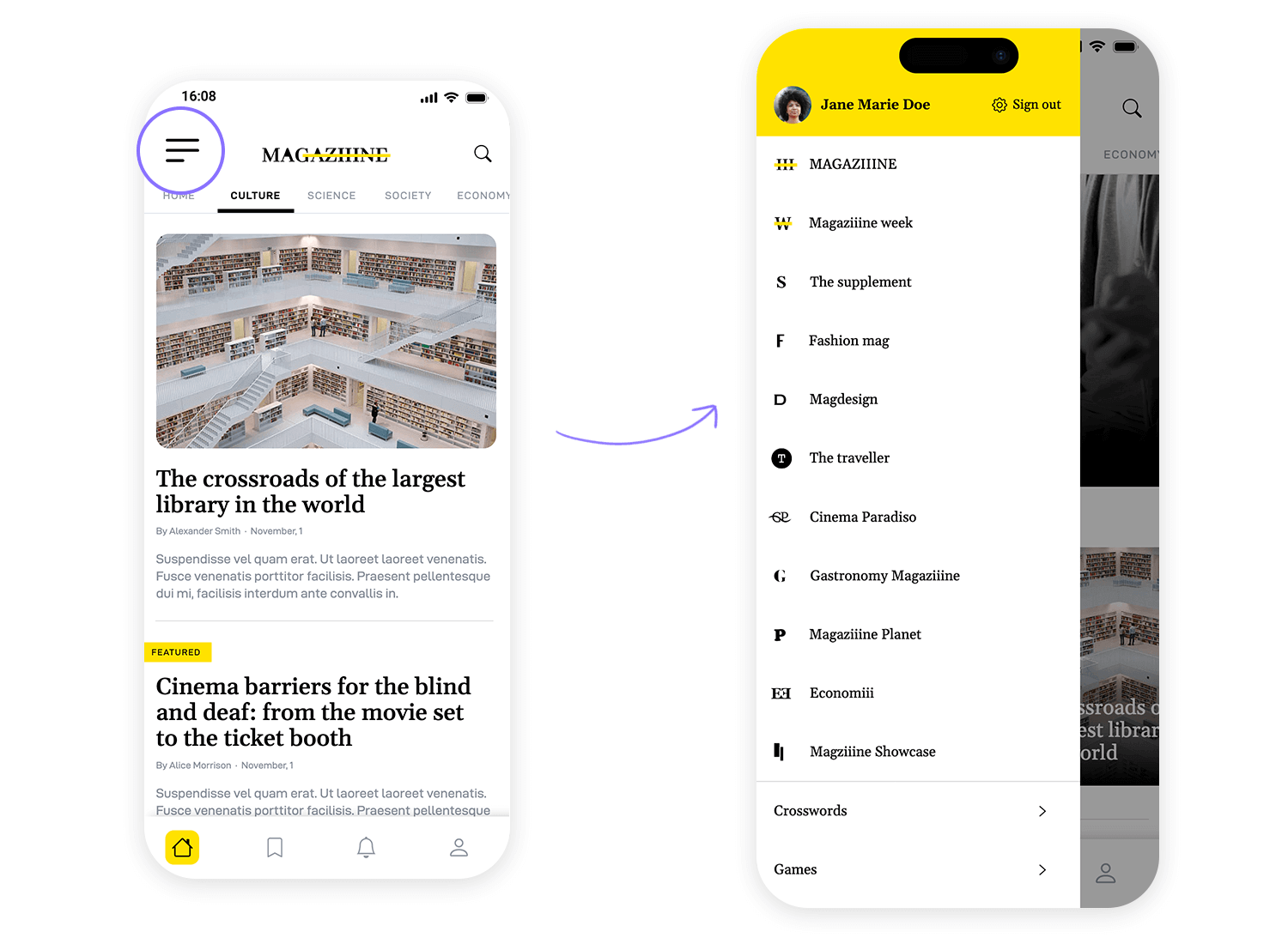 Mobile magazine app showing main screen and expanded menu with various magazine categories and user profile