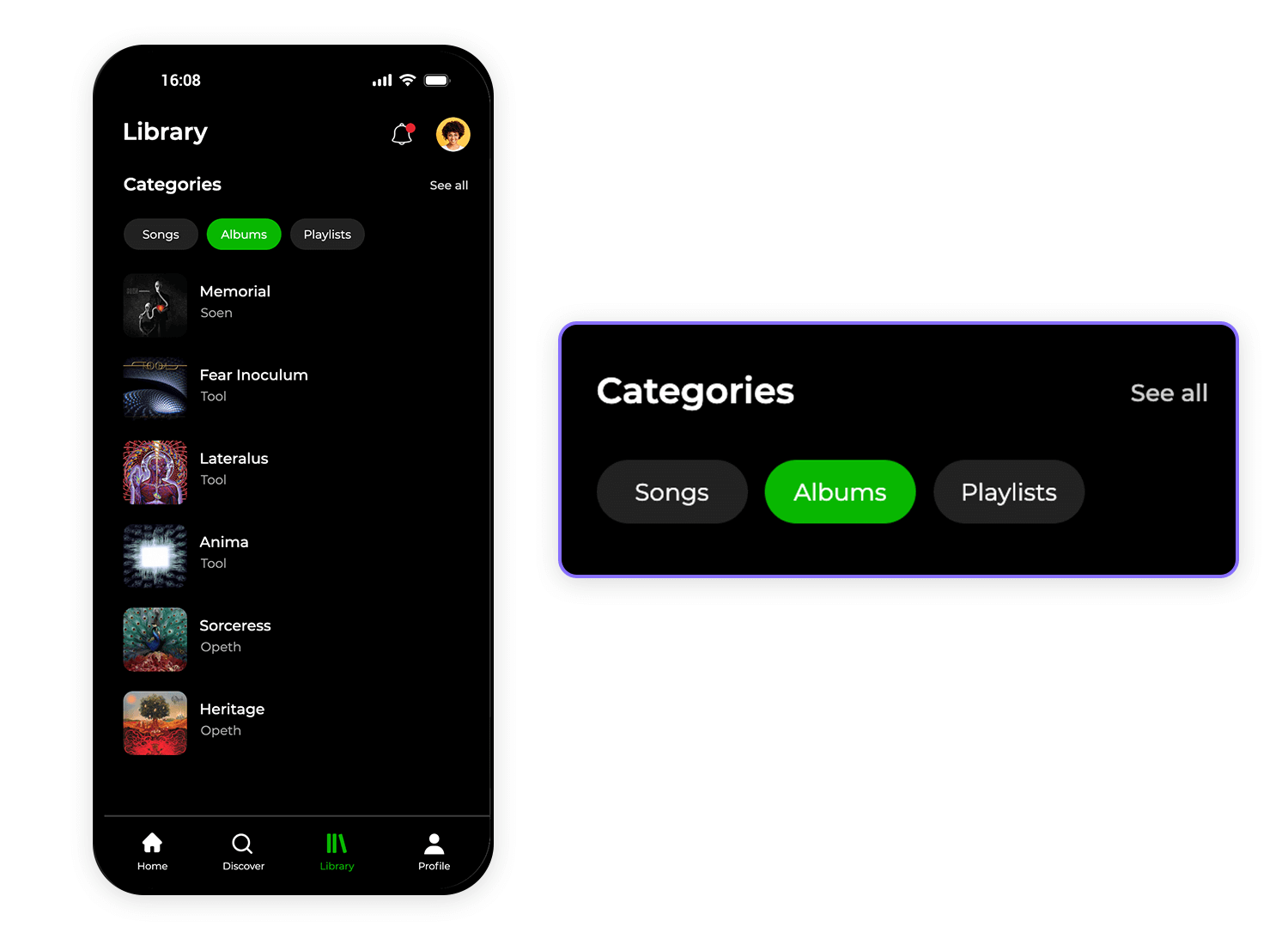 Music app navigation showing library with different categories