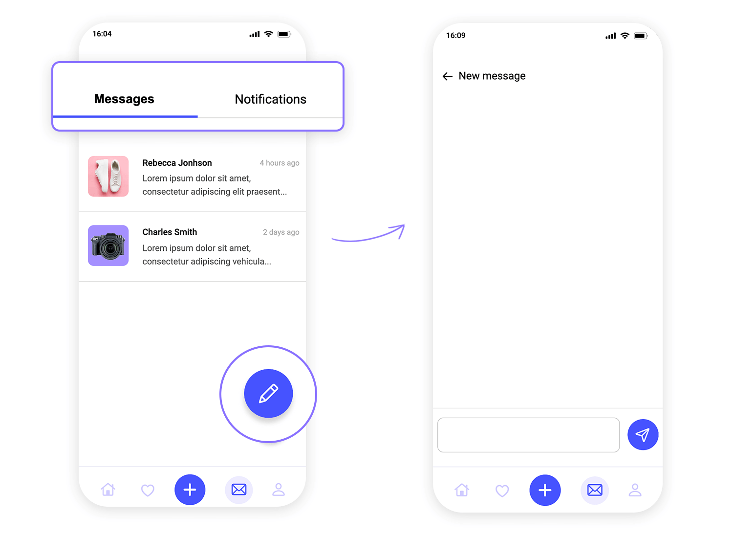 Messaging app navigation showing messages and notifications tabs with an option to compose a new message