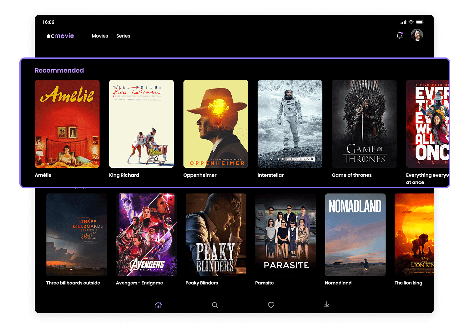 Streaming app navigation on a tablet displaying recommended movies and series with a horizontal scrolling layout