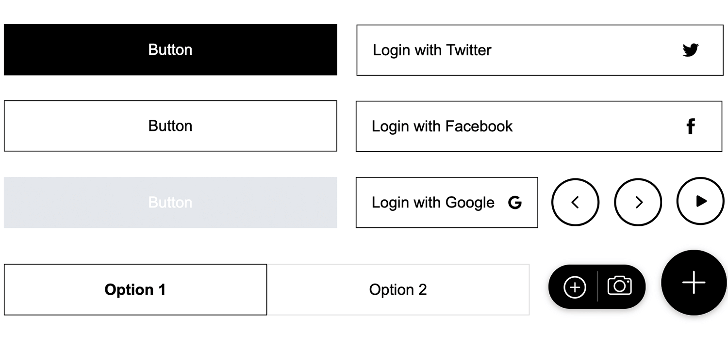 Different button styles including filled, outlined, login options, navigation arrows, and action buttons for mobile UI design