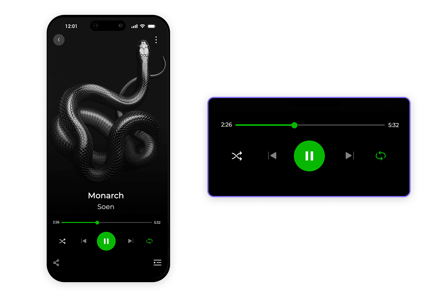 Music player screen with a green play/pause button and other control buttons