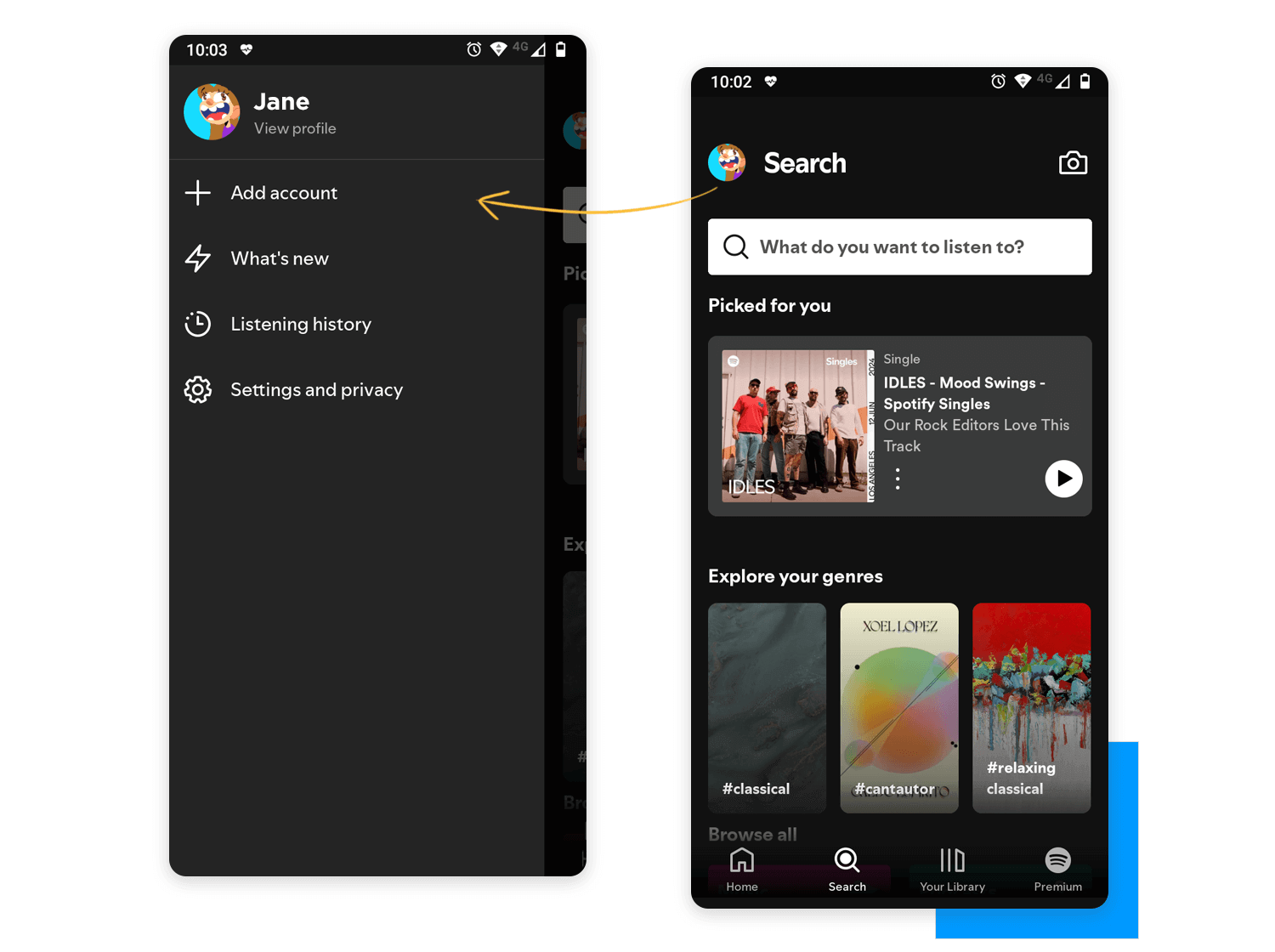Music app interface with off-canvas navigation showing options like Add account, What's new, Listening history, and Settings