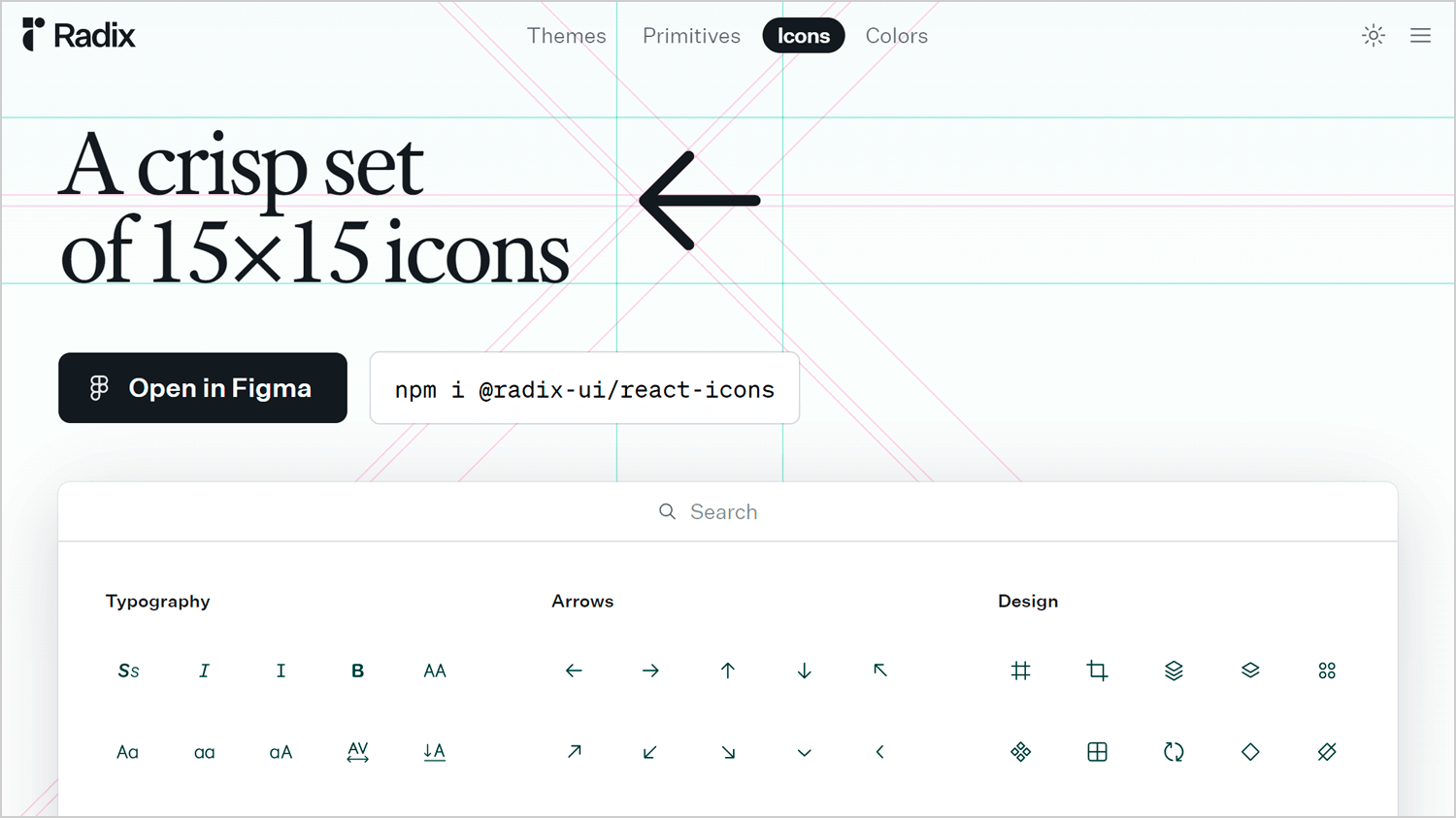 Radix Icons interface showcasing a set of 15x15 icons