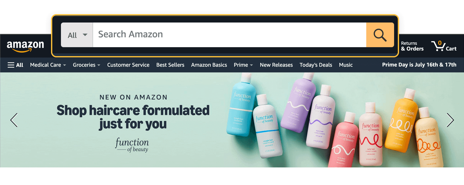 Amazon website with a prominent search bar and a banner promoting personalized haircare products