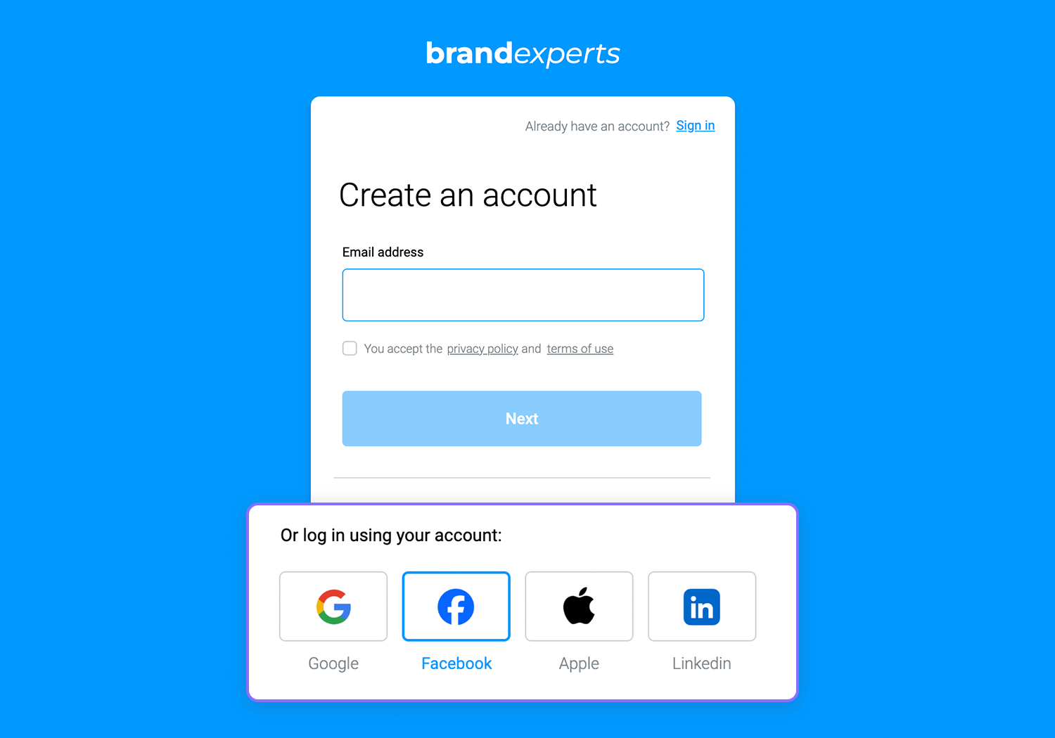 Sign-up form with social login buttons for Google, Facebook, Apple, and LinkedIn